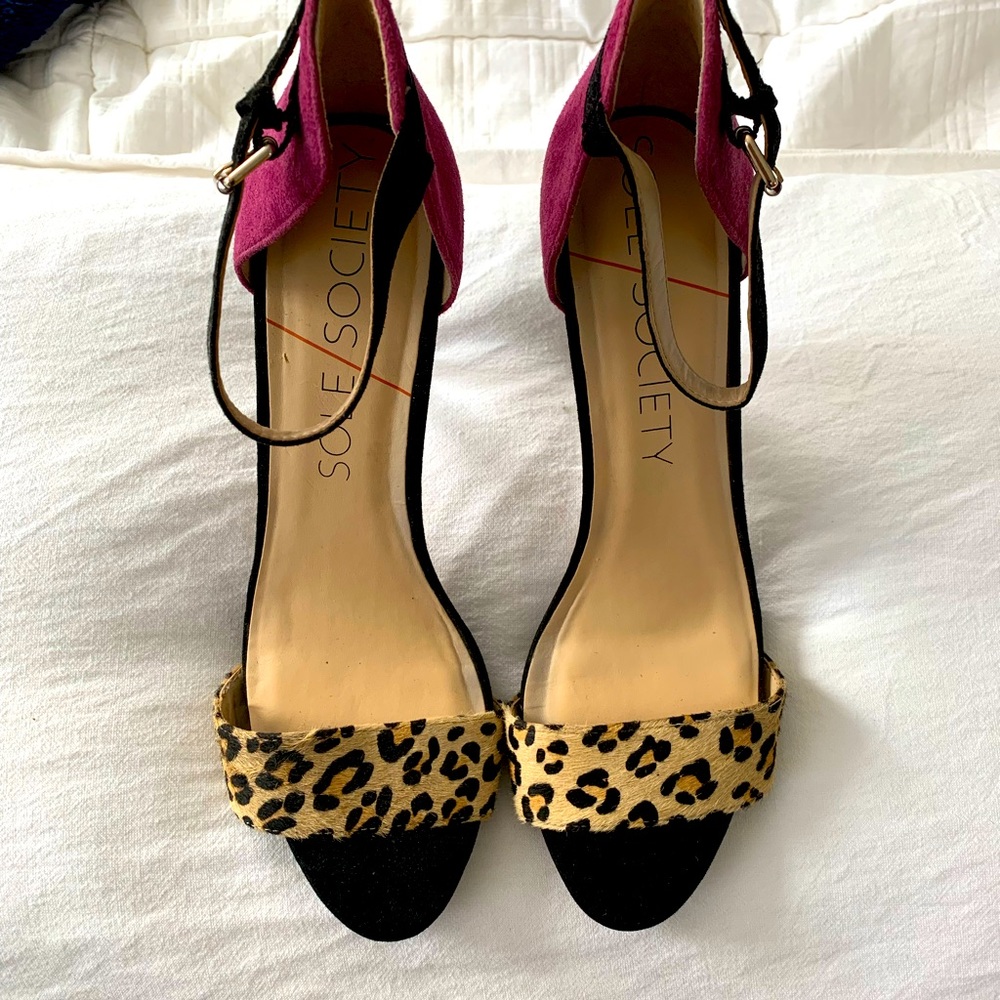 Sole Society high heel stilettos. Leopard print, black and purple. Size 9.5
